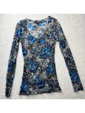 Almost Famous Size S Womens Sheer Lace Top Long Sleeve Blue Print Scoop Neck